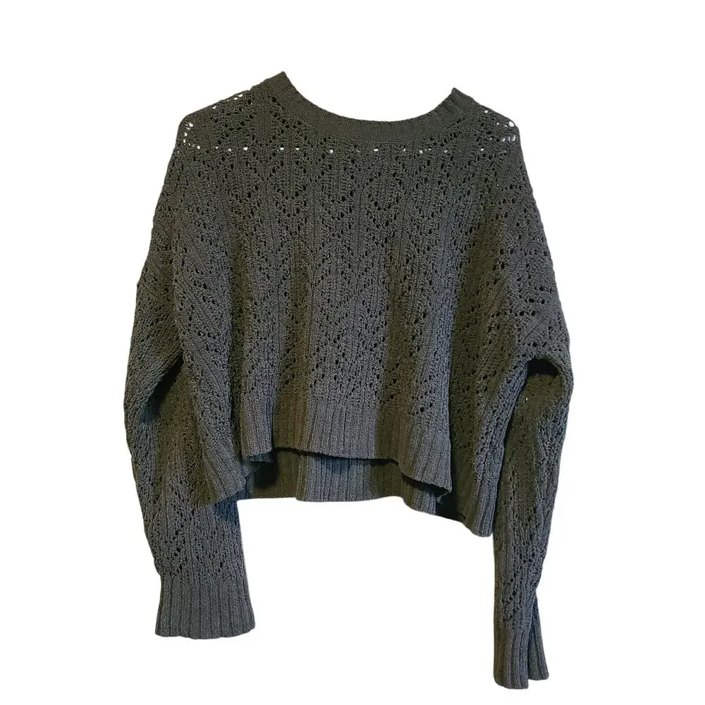 American‎ Eagle Crop Chenille Sweater Womens M Open Knit Boxy Green Utility Cozy