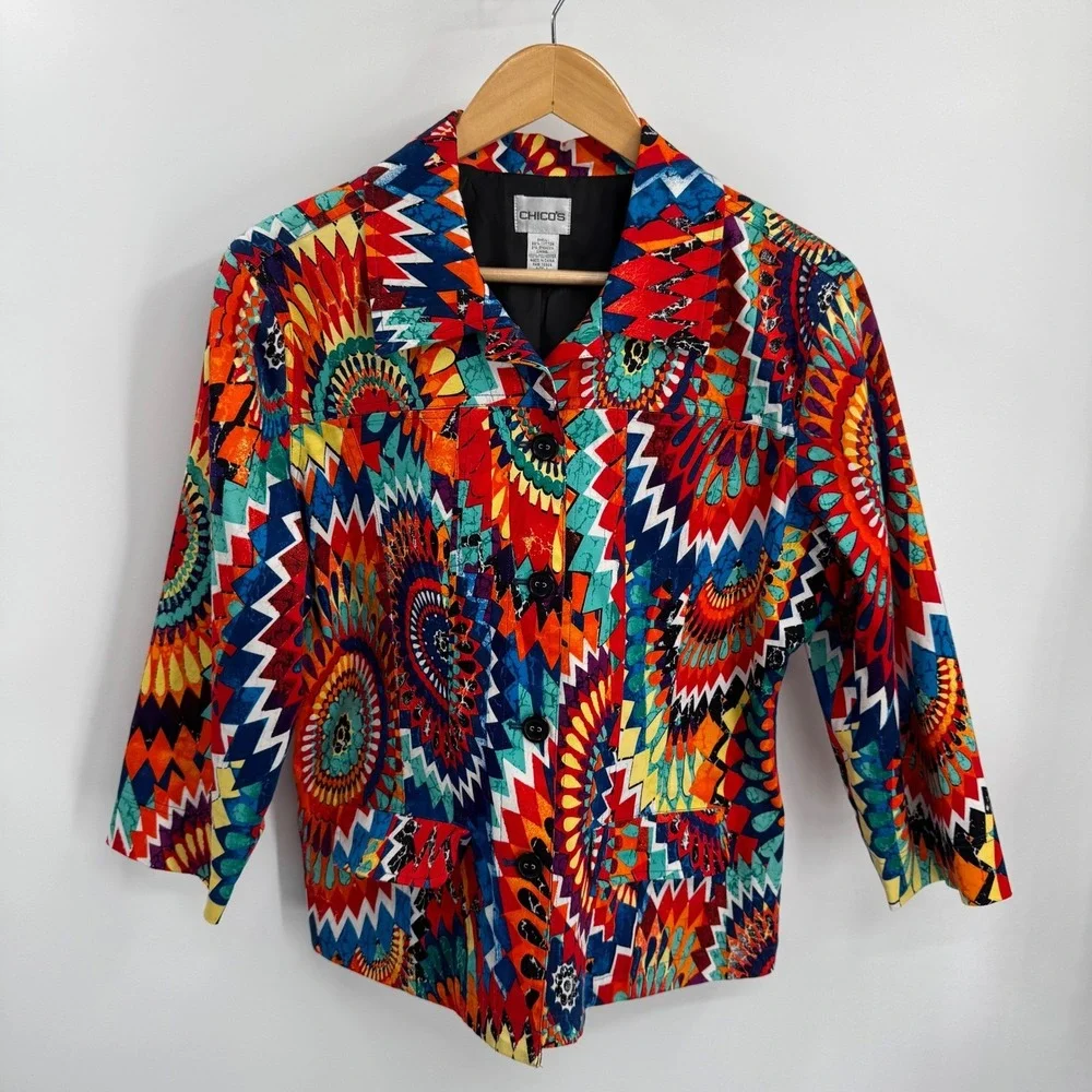 Chicos Womens Button Front Jacket Maximalist Psychedelic Retro‎ Festival Size M