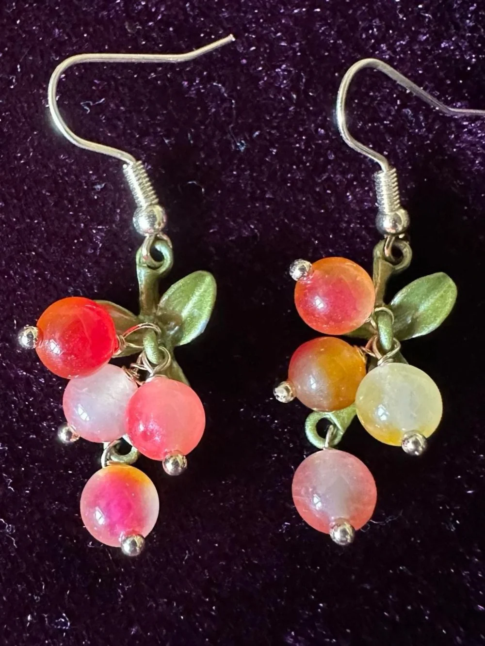 Real stone crystal orange yellow and green cranberry bead leaf earrings.