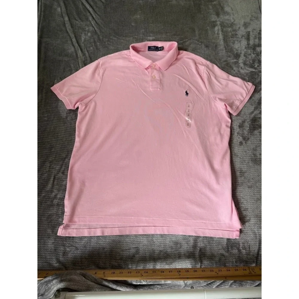 Polo Ralph Lauren Mens XXL Pink Short Sleeve Cotton Pique Polo Shirt Navy Pony