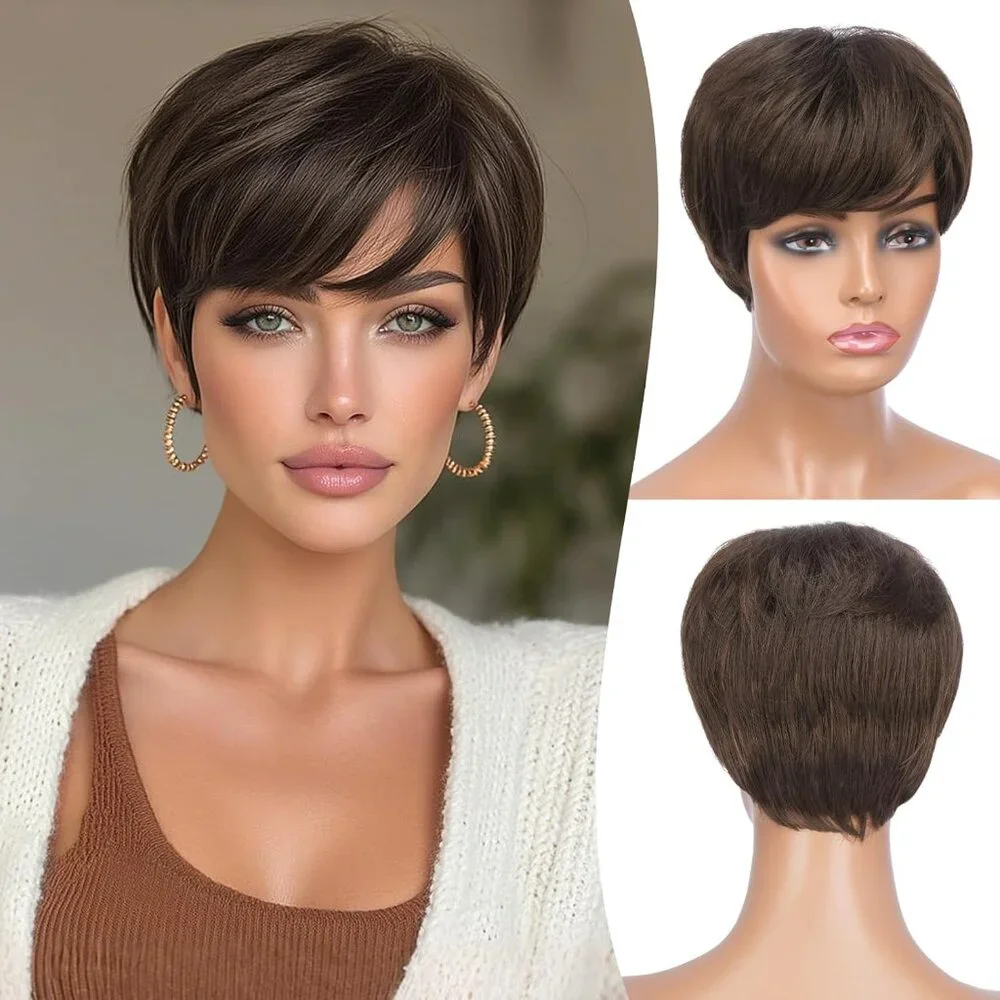 Cute Pixie Cut Wig for Women Brown with‎ Highlights