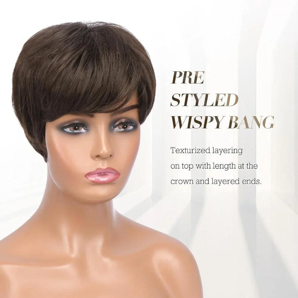 Cute Pixie Cut Wig for Women Brown with‎ Highlights