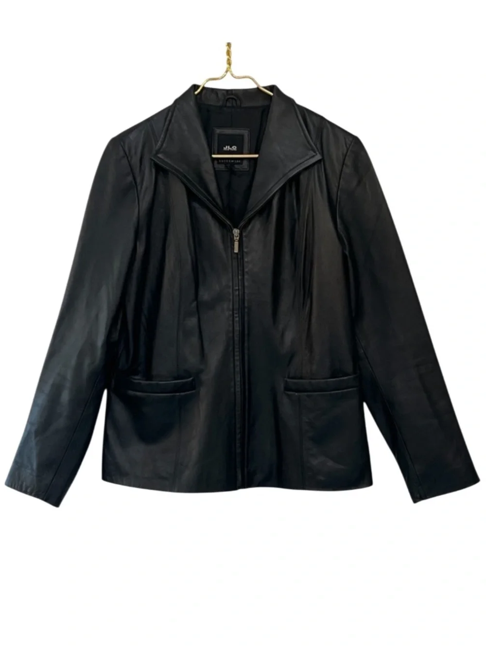 JLC New York Black Leather Zip Front Jacket Collared Fully Lined Size M
