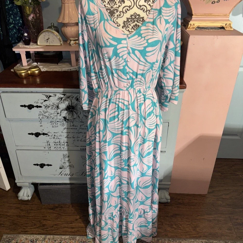 Mary Square Butterfly Sleeve Maxi Dress In Lilac And Teal Sz Medium. Boho.‎