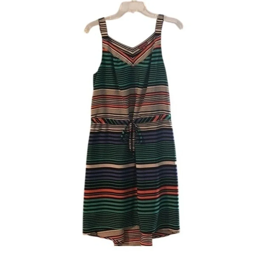 Merona Womens Striped Sleeveless V-Neck Dress Cinched Waist‎ High-Low Hem Medium