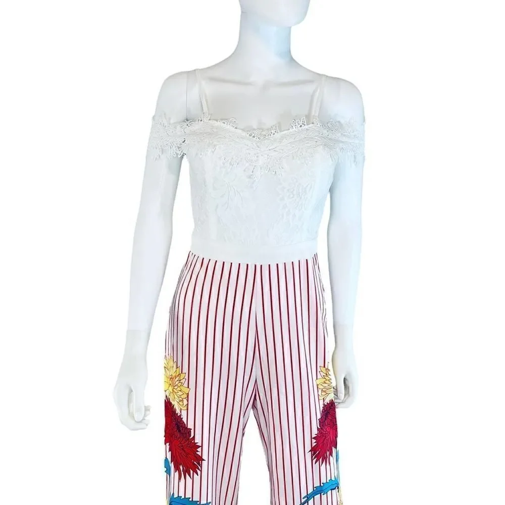 Chicways Floral Striped Cold Shoulder Jumpsuit