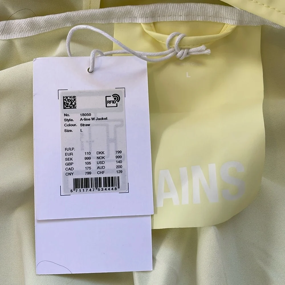 RAINS A-Line W Women's Rain Jacket Straw Yellow‎ Size Large 18050