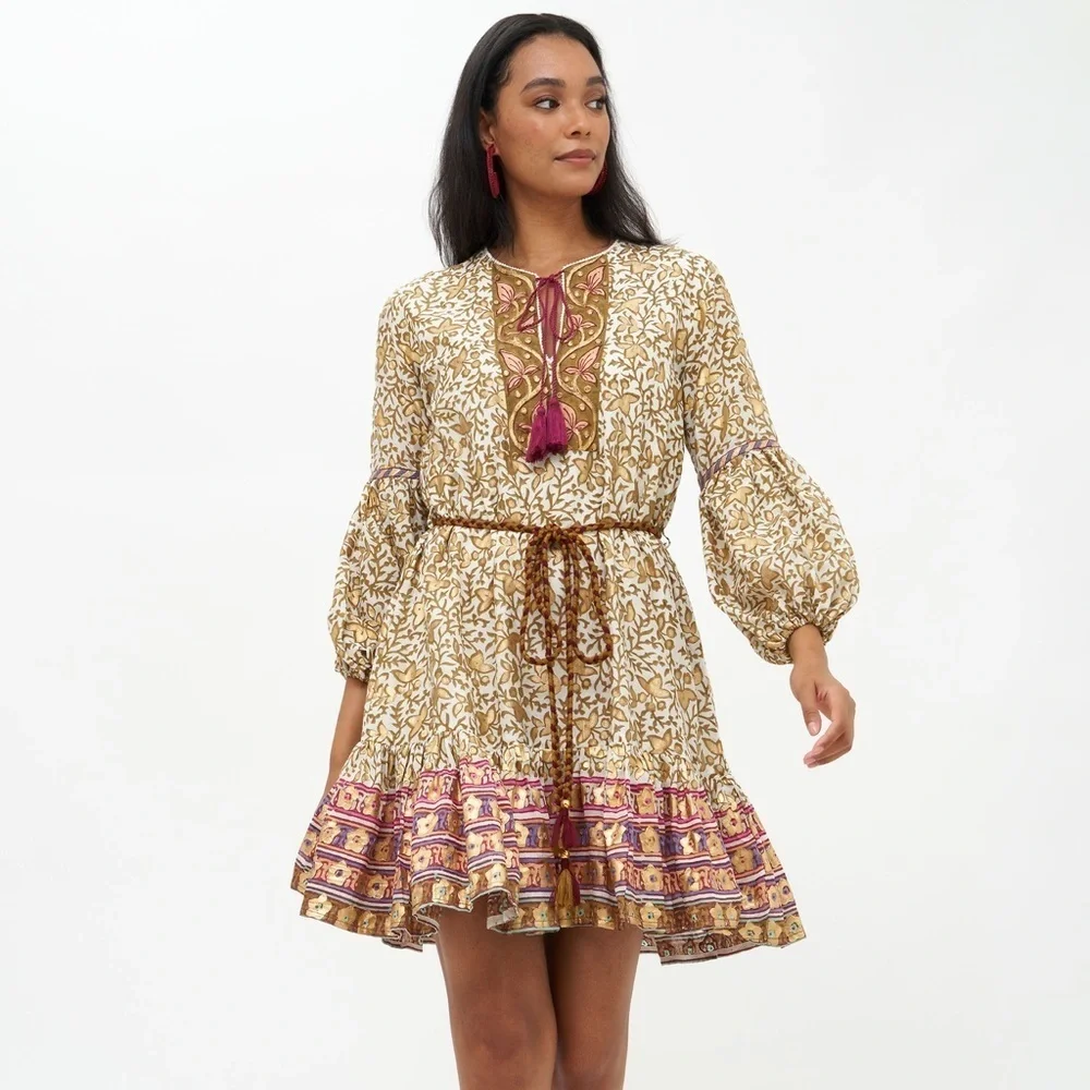 Oliphant‎ Balloon Drop Mini MARCHESA OLIVE Dress Long Sleeve Tassle Gold