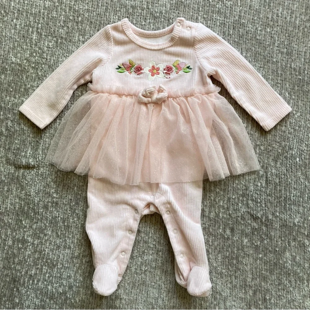 Baby Starters Pink Tulle Tutu Footie Romper 3M‎ Floral Embroidery Dressy Ballet