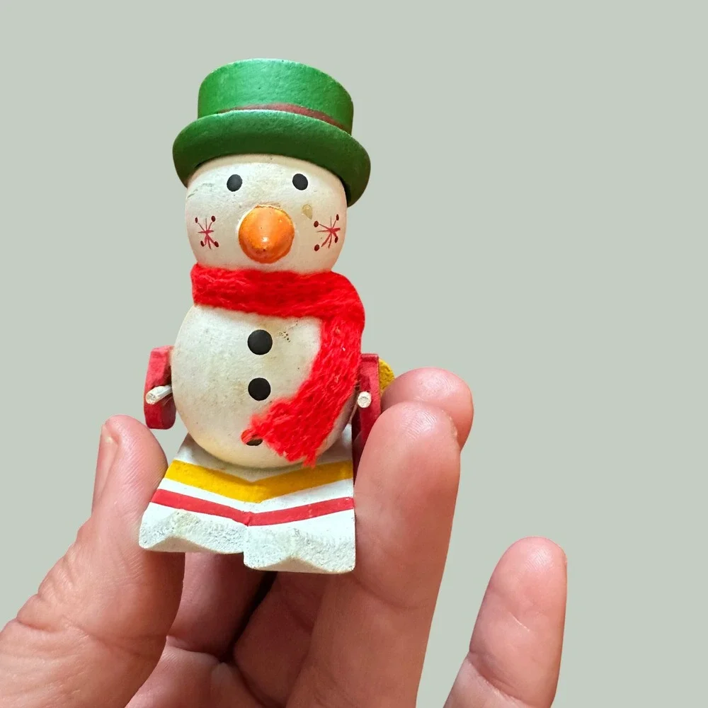 Vintage‎ Wooden Snowman Skiing Christmas Ornament Green Hat Red Scarf 3 Inch
