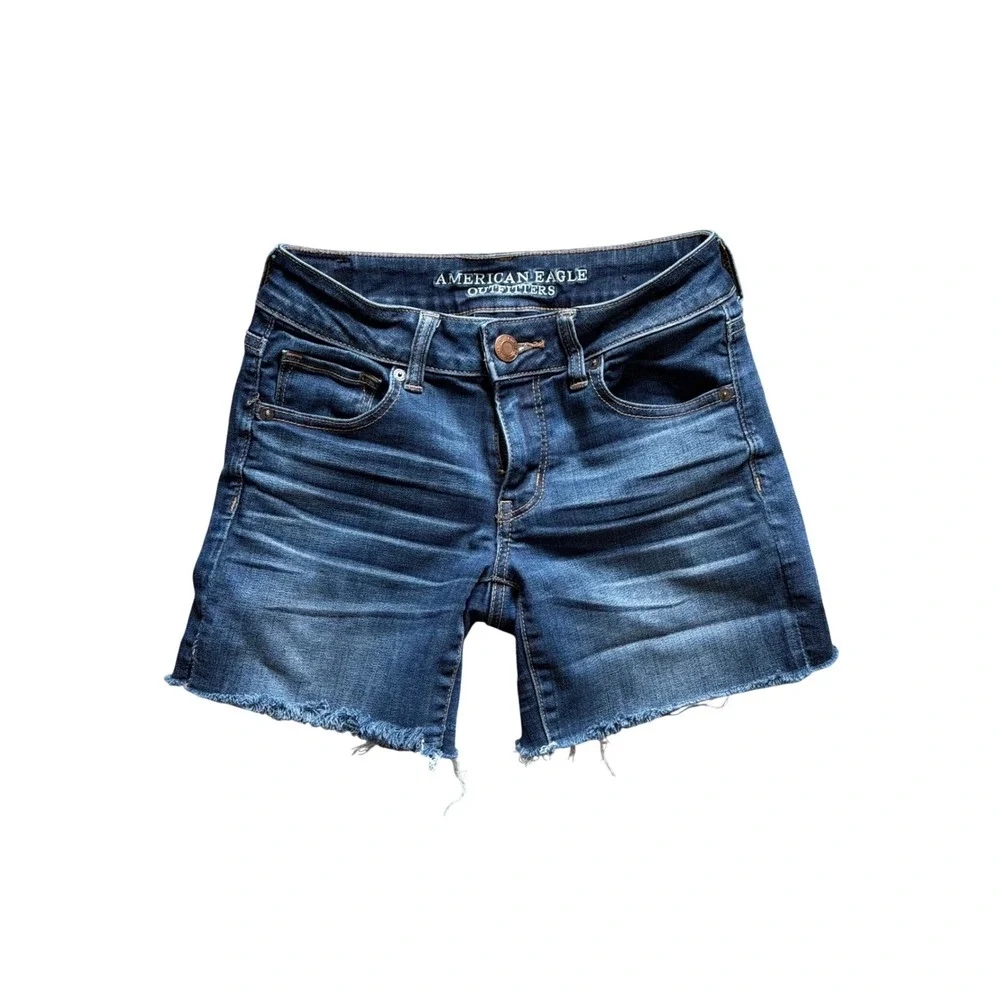 American Eagle MIDI Shorts Womens 4 Blue Super Super‎ Stretch Raw Hem Denim