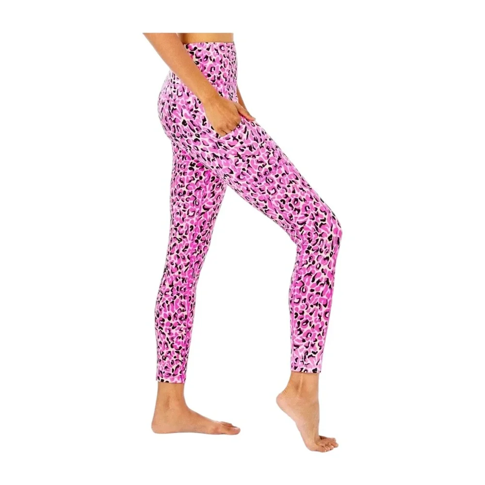 Lilly Pulitzer Weekender Leggings Pink Topaz Leopard‎ High Rise Pocket Active M