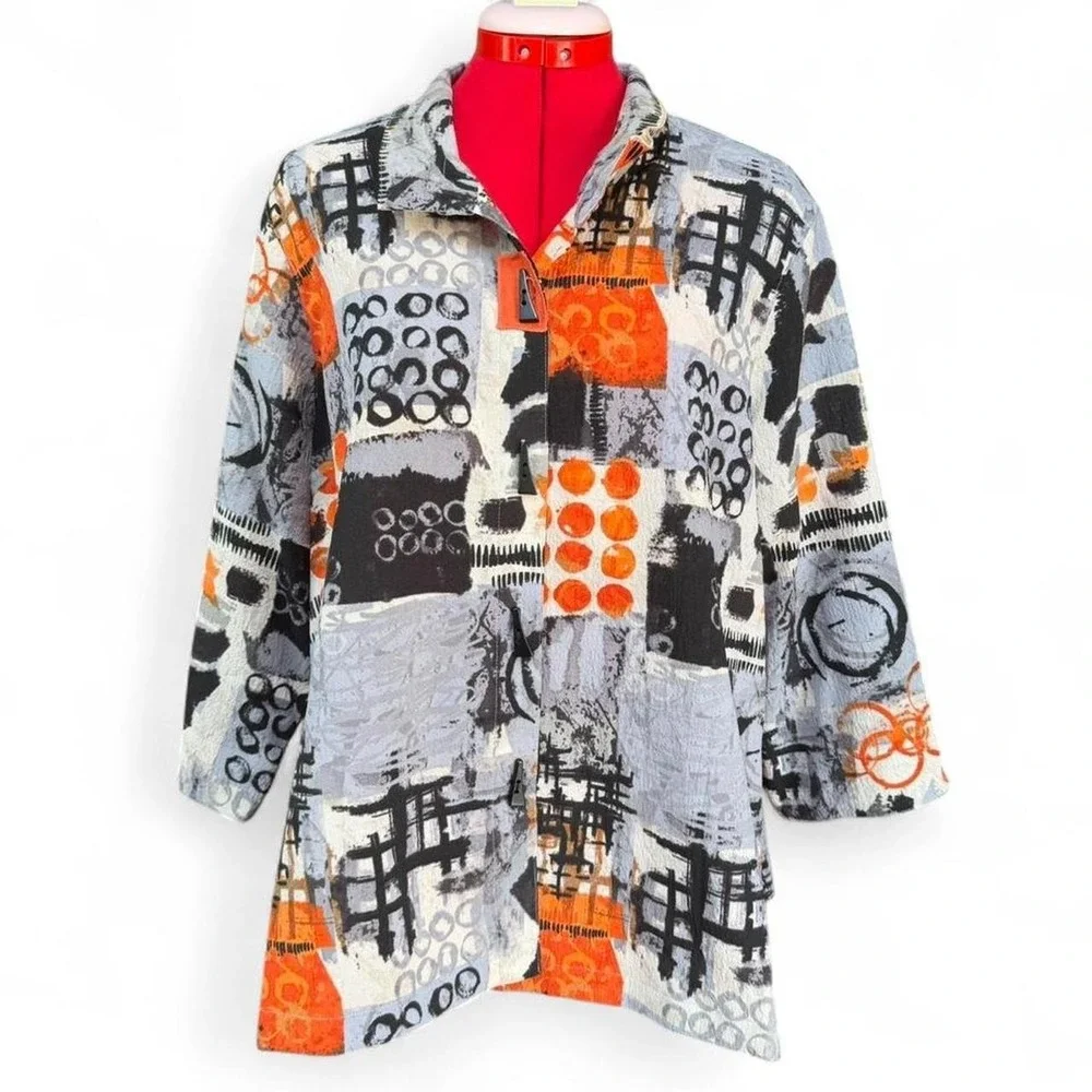 Ali Miles Art To Wear Orange &‎ Black Abstract Button Up Jacket Shirt