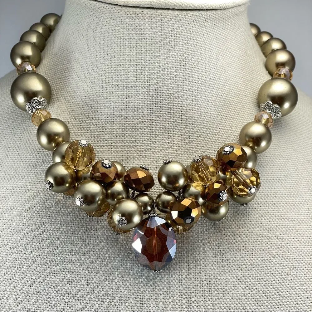 Glass Beaded Necklace Contempo Chic Gold Acrylic Beaded Dark Champagne Statement
