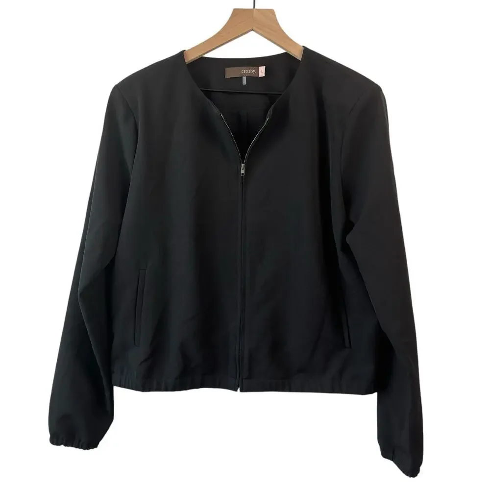 Crosby‎ Womens Jacket Black Large Zip Up Bomber Style Business Casual Stretch