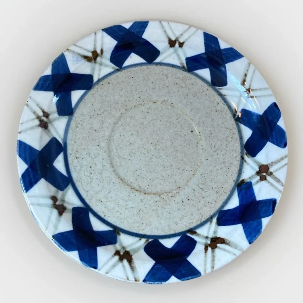 Otagiri Saucer, Small Plate Japan Hand Crafted Blue‎ Brown Cross Mid Century