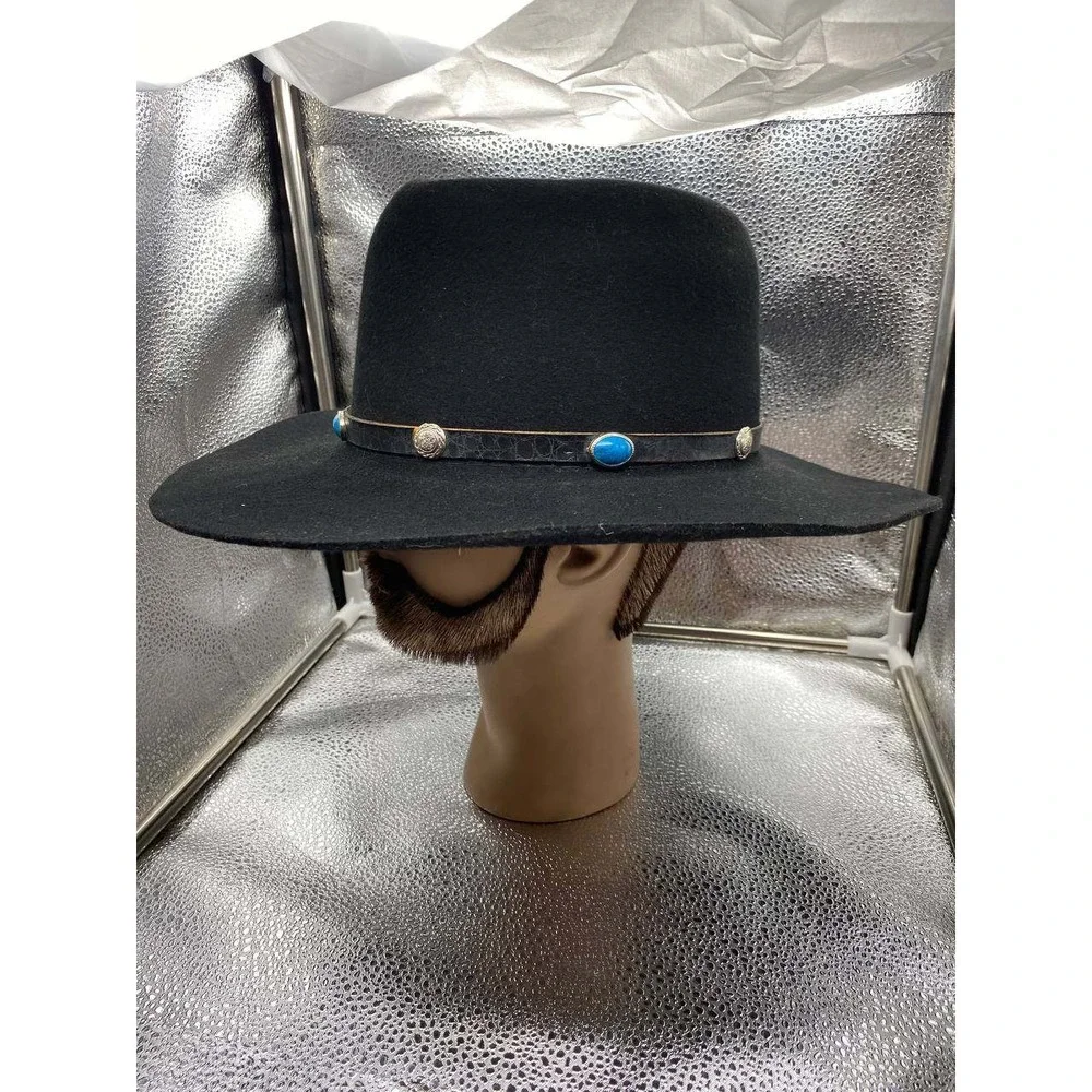 Bee Hat Co Cowboy‎ Hat Mens 7 1/4 Black Felt Turquoise Concho Wide Brim Western
