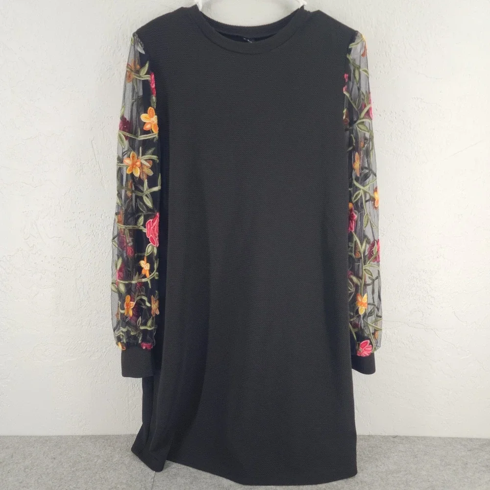 Black Mesh Floral Embroidered Sheer Sleeve Textured Tunic Dress Womens‎ Large