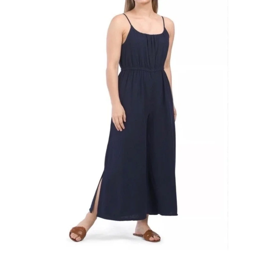 Haute Hippie Sleeveless Linen Blend Wide‎ Leg Jumpsuit Navy Blue XL NWOT