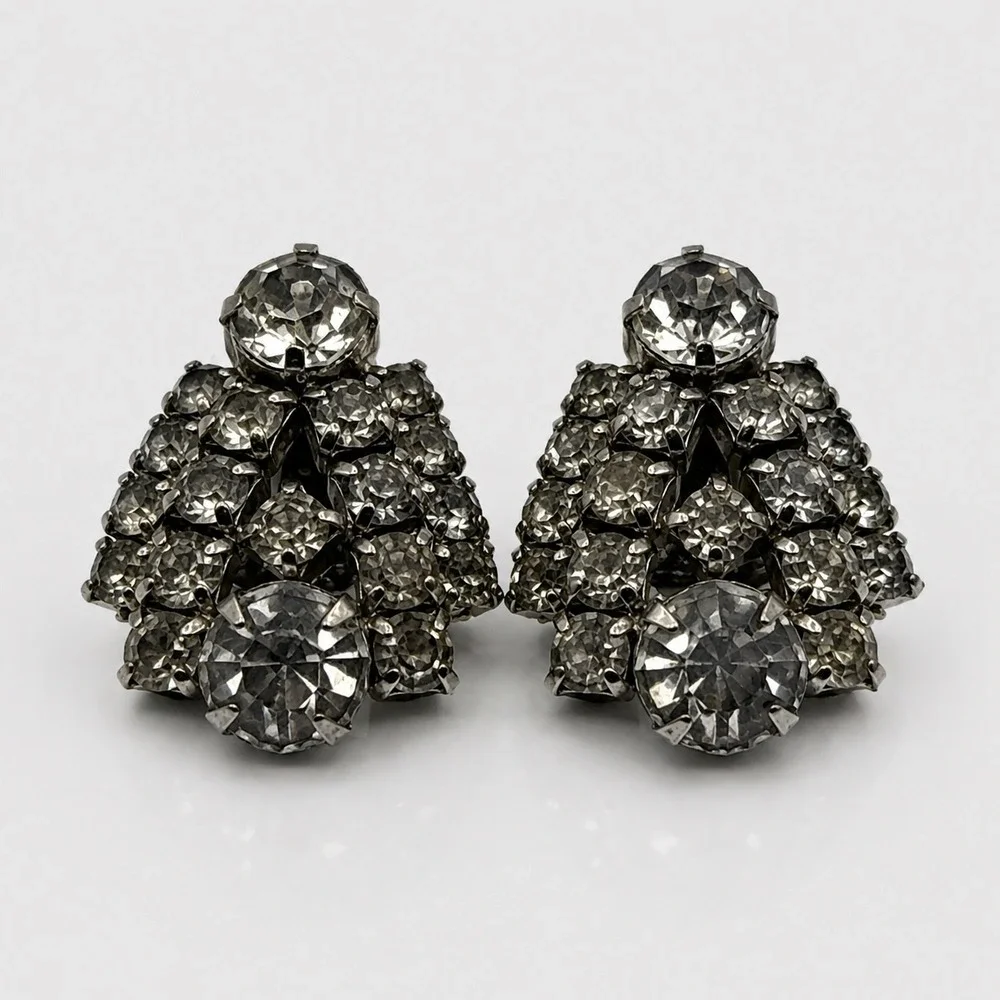 Vintage La Rel Grey Rhinestone Clip On‎ Earrings Silver Tone Crystal Art Deco
