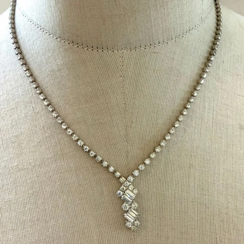 Vintage Rhinestone Tennis Necklace with Baguette Drop