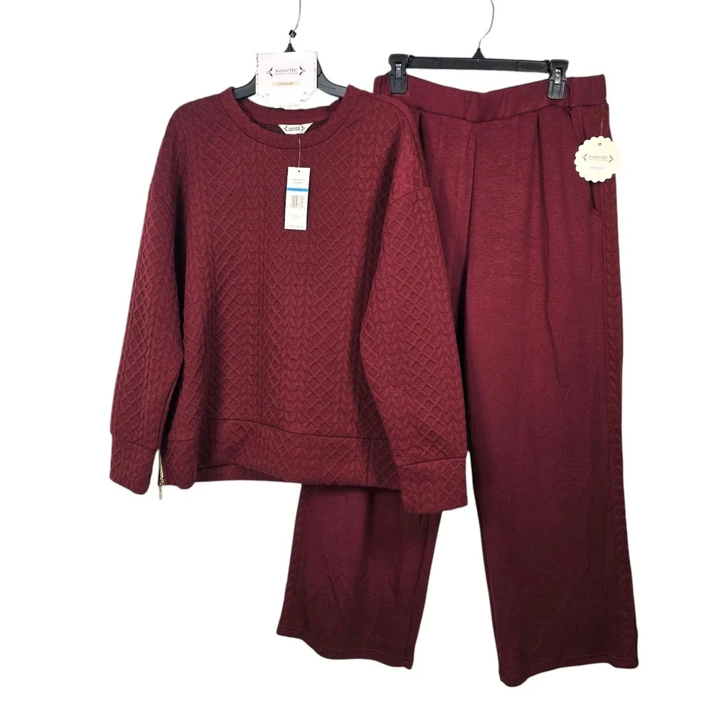 Nanette Lepore Womens 2 Piece Quilted Sweatshirt Wide Leg Pants Set Burgundy LRG