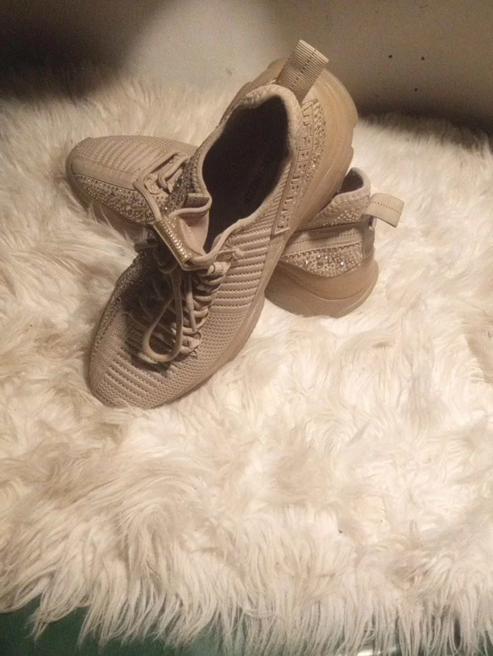 Steve Madden Beige Knit Sneaker with Rhinestone Accent