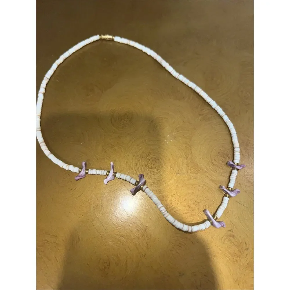 VTG NATIVE AMERICAN HEISHI SHELL FETISH BIRDS NECKLACE W BARREL GOLD‎ TONE CLASP