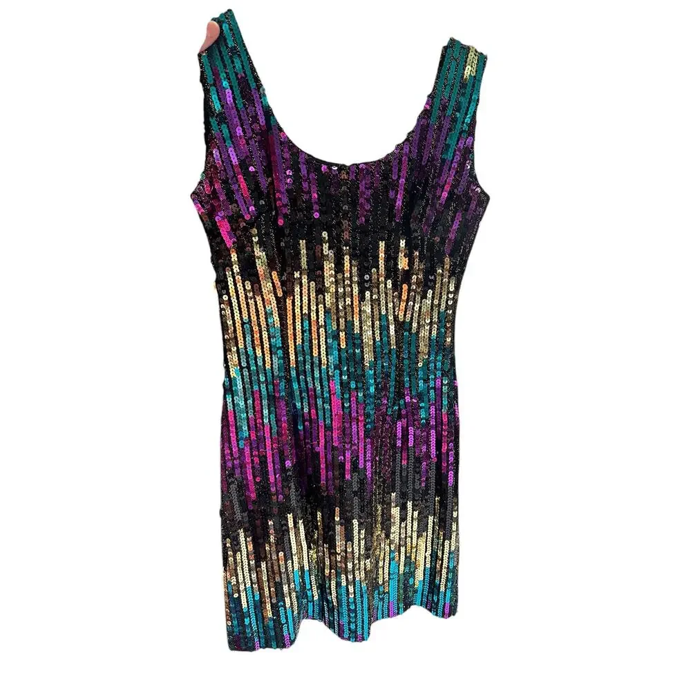 Vintage Alyce 1980s Sequin Mini Party Cocktail Dress Purple Green Gold Sz Med/10