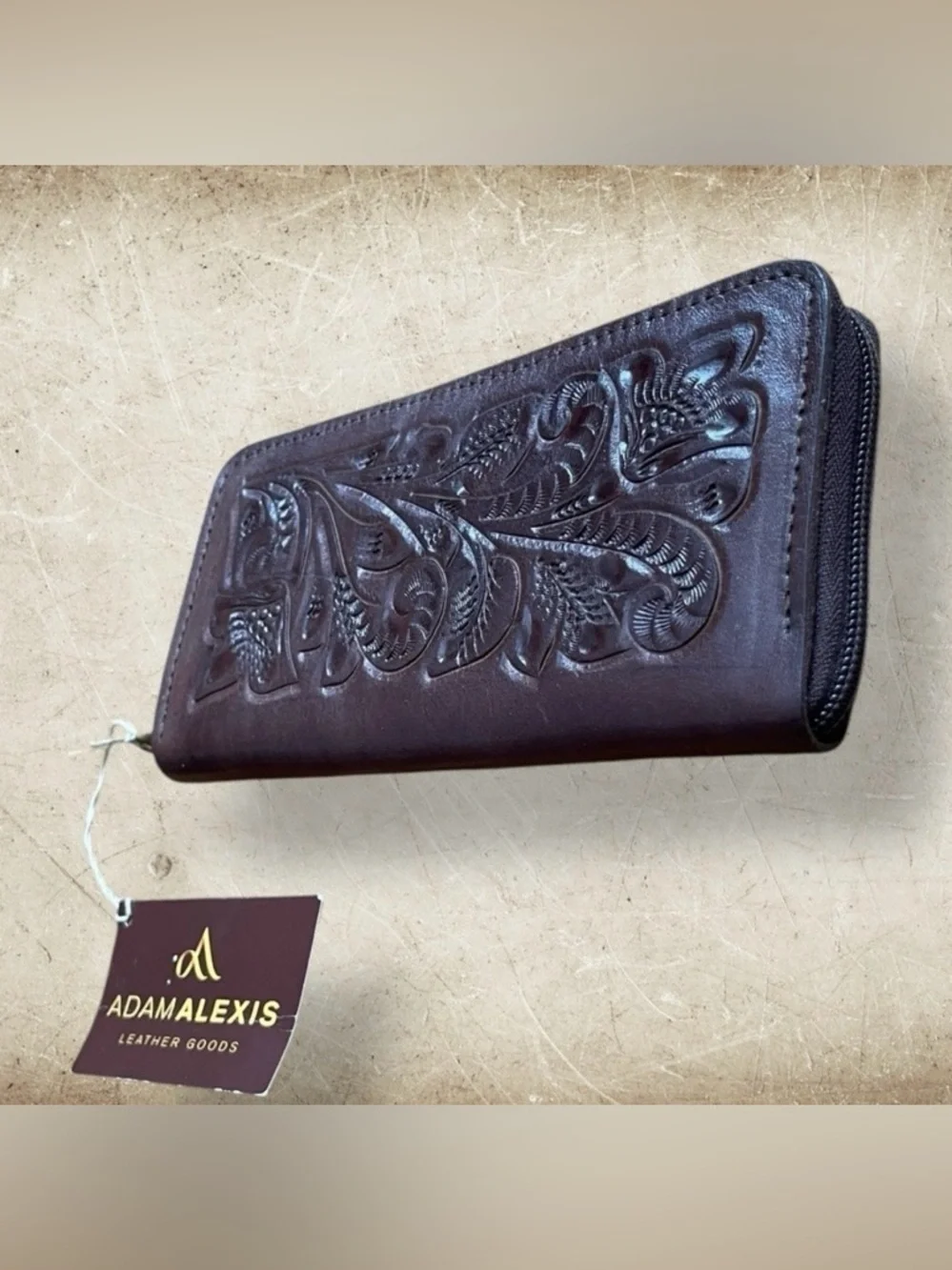 ADAMAlexis NWT Hand Tooled Brown Leather Zip Around Wallet