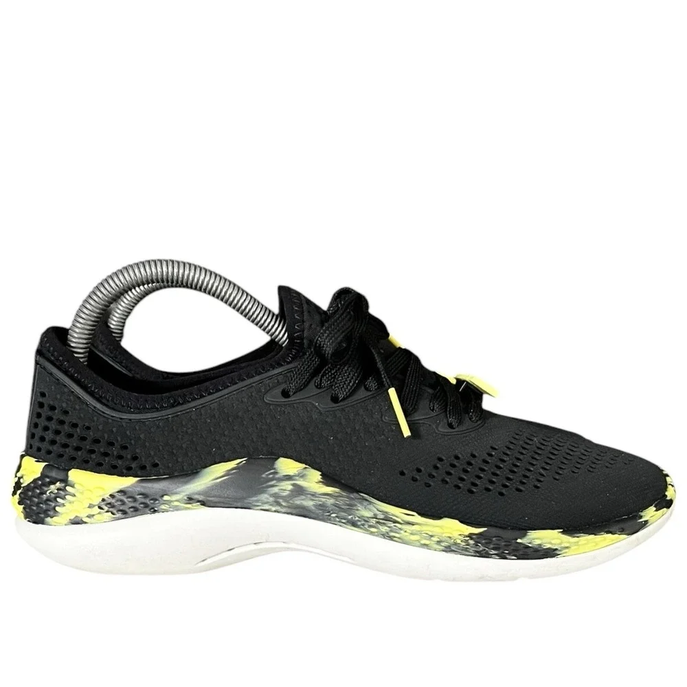 Crocs LiteRide Pacer Mens 7 Sneakers Black‎ Lime Green Marbled Shoes 206011