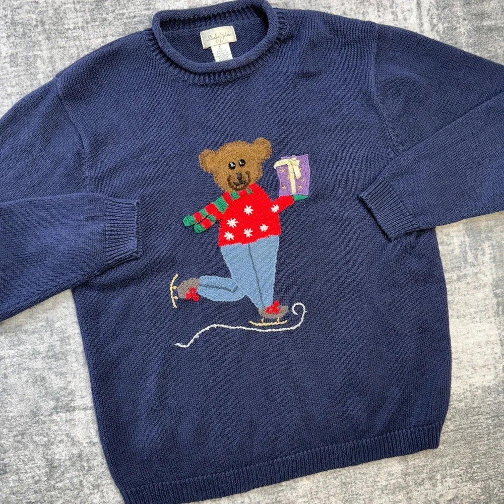 VTG Christmas Sweater Womens Large Blue Teddy Bear‎ Skating Roll Neck 90s Party