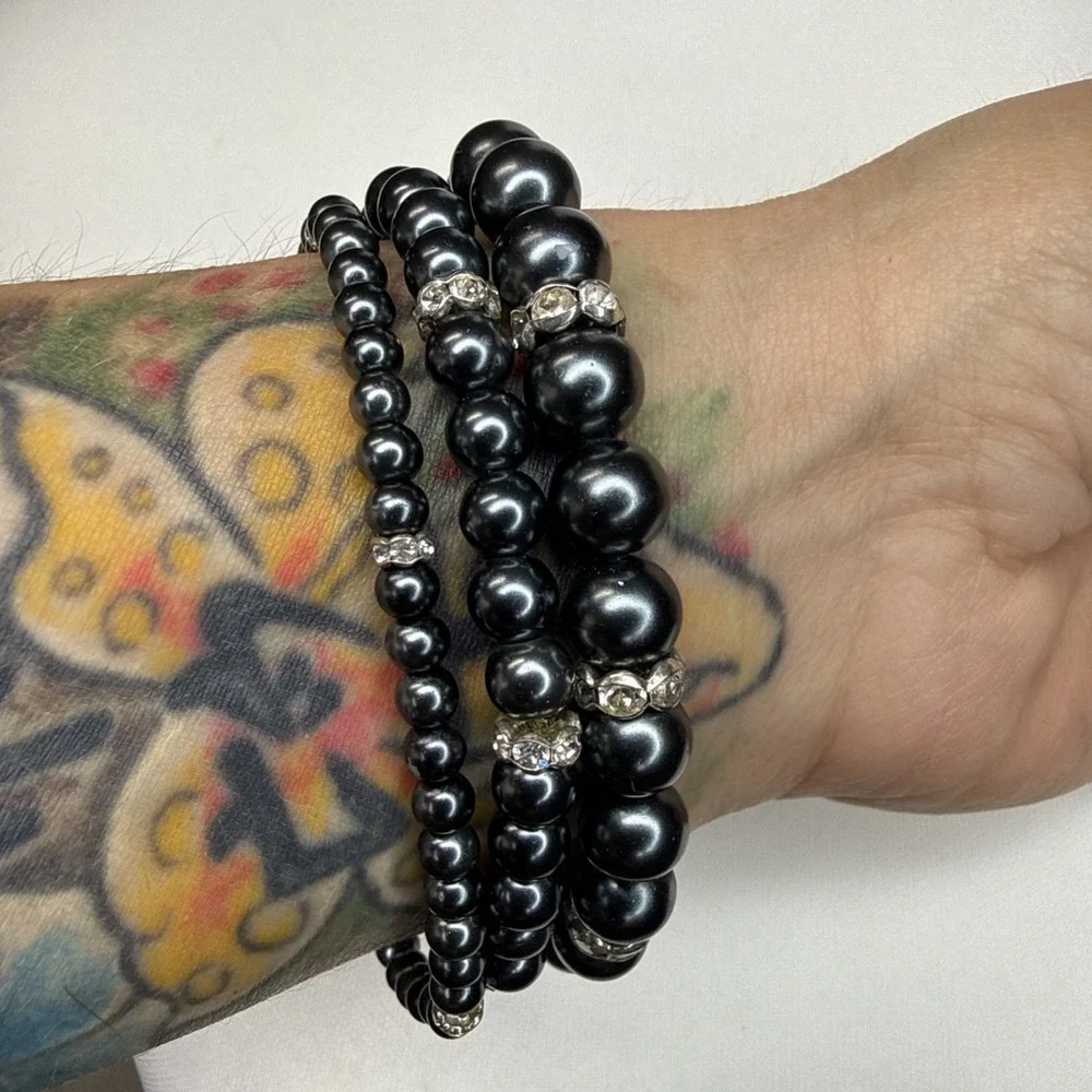Vintage Black Glass Faux‎ Pearl Stretch Bracelets Set 3 Rhinestone Stackable