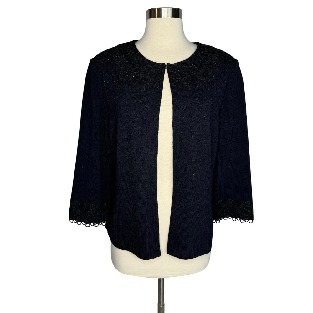 St.‎ John Evening Black Embroidered Rhinestoned Wool Blend Formal Cardigan Sz 14