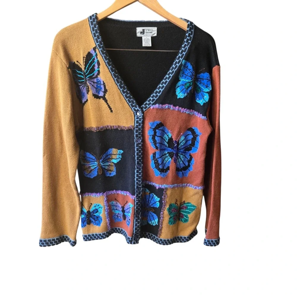 Vintage JTwo Embroidered Beaded Butterfly Cardigan Large‎