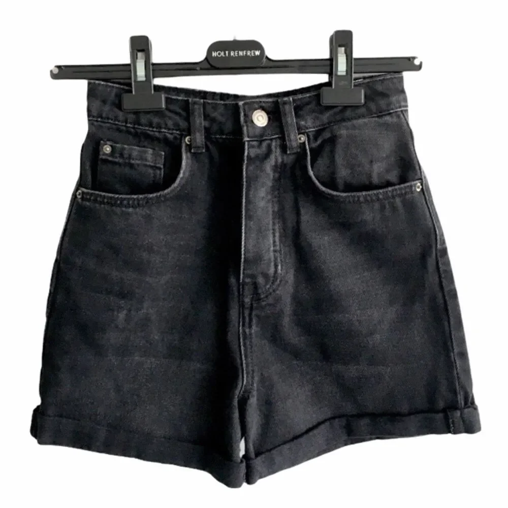 STRADIVARIUS High Waisted Denim Jean Shorts Cuff Black 24