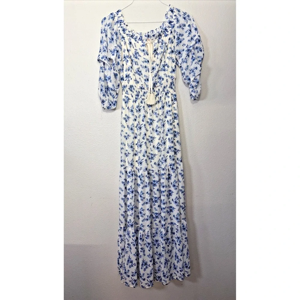 Love Colette Maxi Dress Women's Small Blue Floral Ruffle Elastic Waist Fairycore
