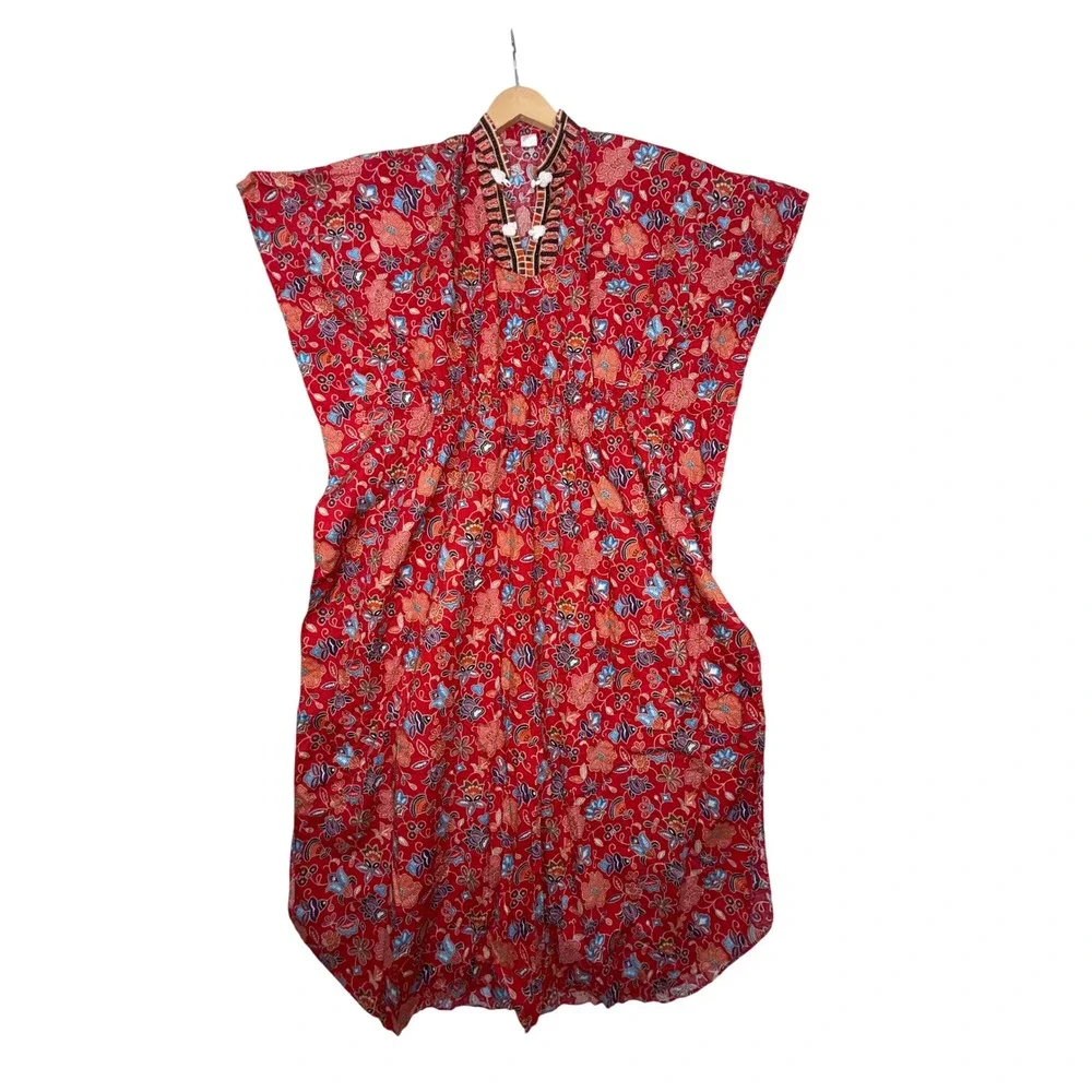 VTG Batik Arts Kaftan Maxi Dress Red Floral Frog‎ Closures Cotton Beach Coverup