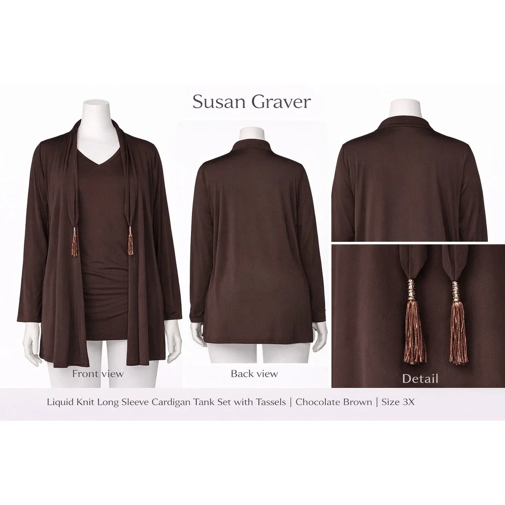 Susan Graver Womens 3X Liquid Knit Cardigan Tank 2pc Set Tassels Brown A2788 NWT