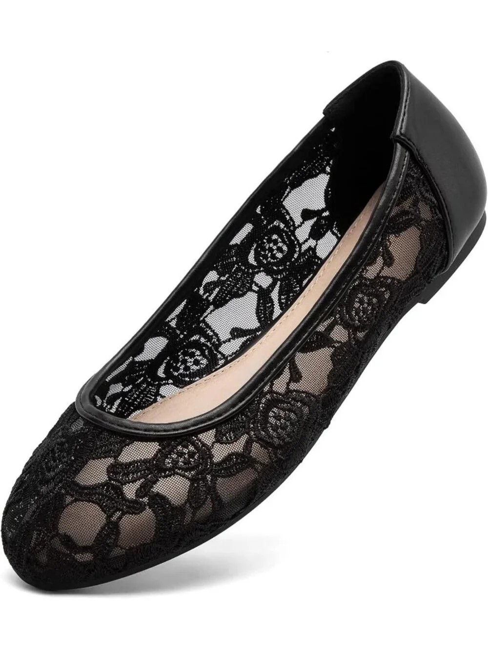 Women's Black Lace Ballerina Flats Round Toe Slip on Floral Casual Dressy Shoes