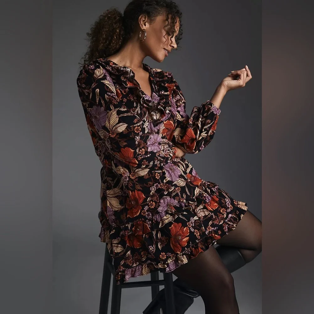 Pilcro Tiered Corduroy‎ Mini Dress Contemporary Floral Fall Colors Anthropologie