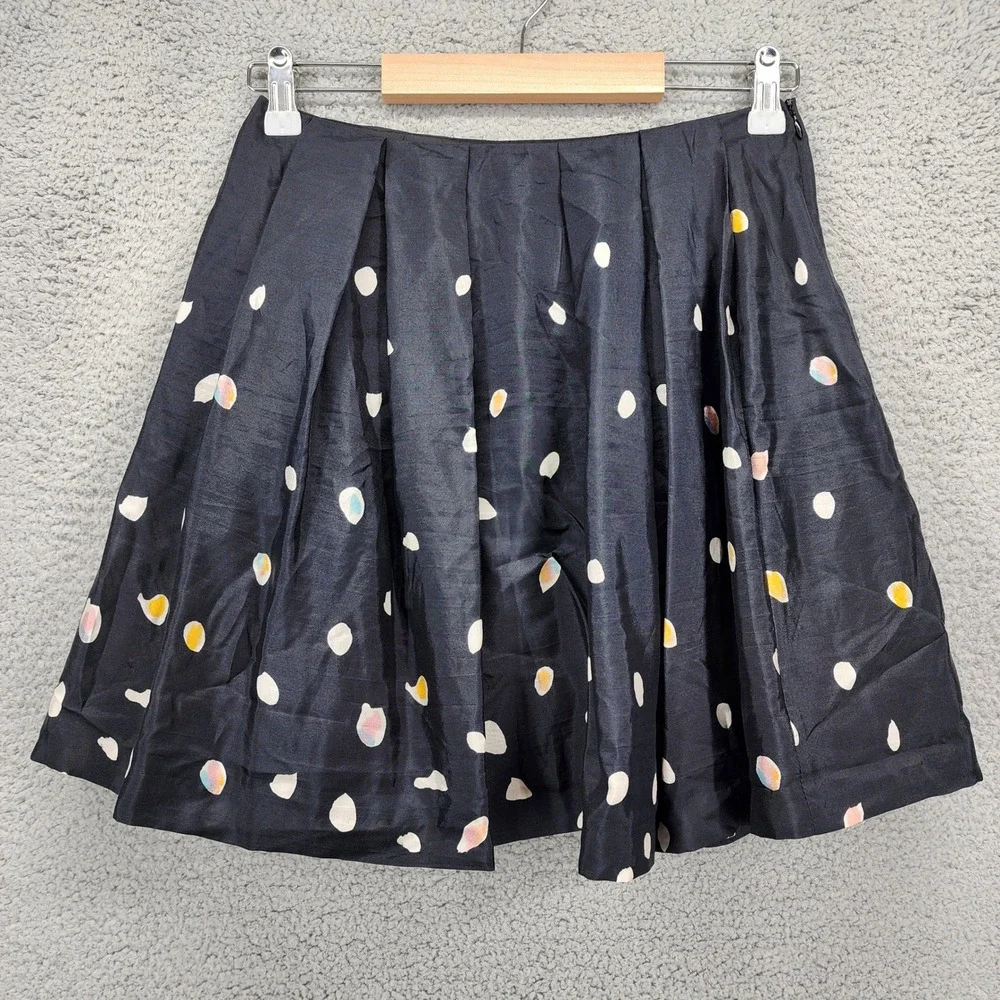 Tara Jarmon Navy Blue 100% Silk Polka‎ Dot Pleated Mini Skirt Made In France 36