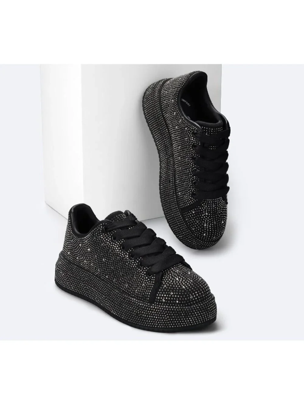 🆕Women's Black Sparkly Glitter Bling Tennis Rhinestone Platform Sneakers