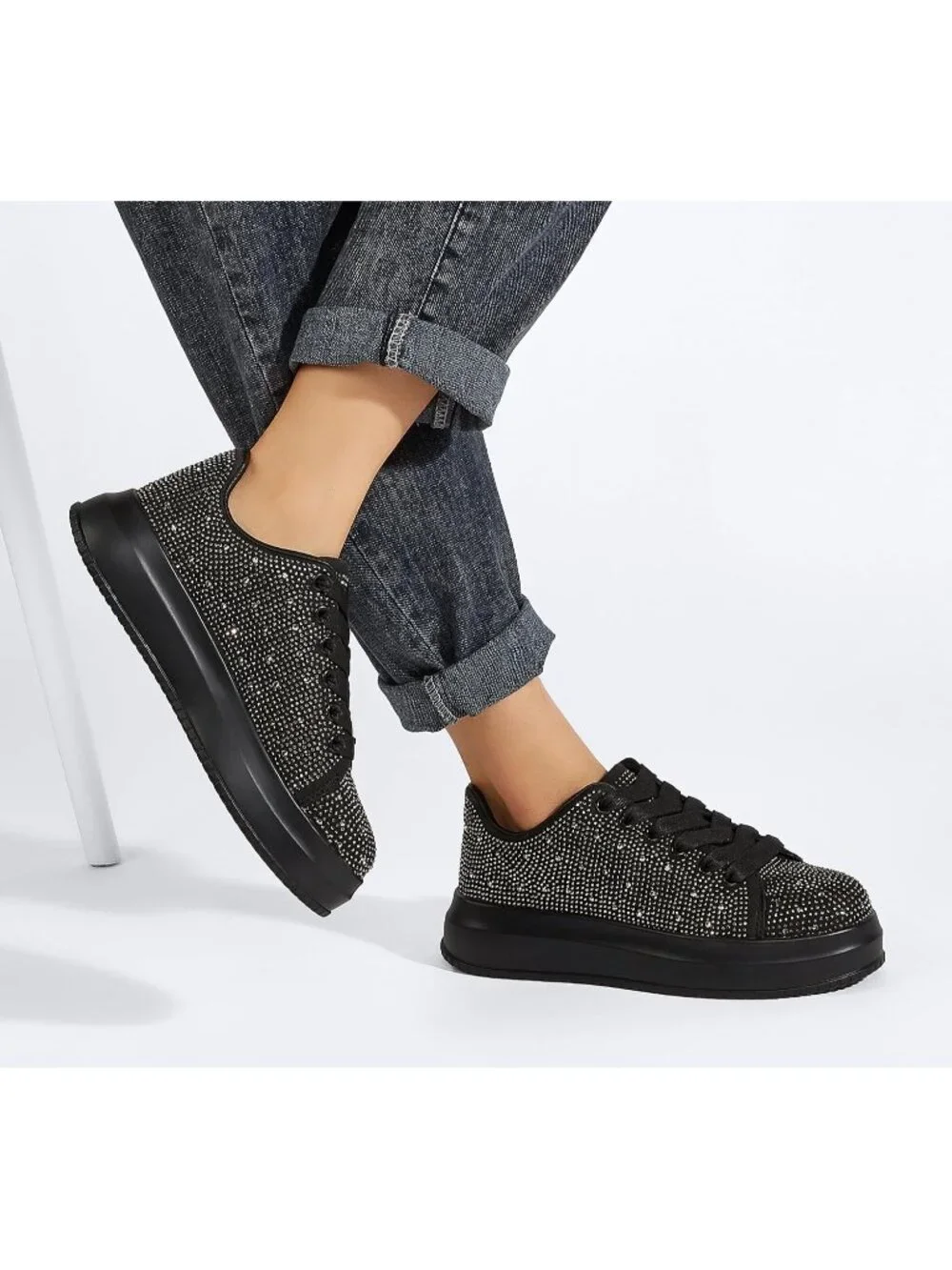 🆕Women's Black Sparkly Glitter Bling Tennis Rhinestone Platform Sneakers