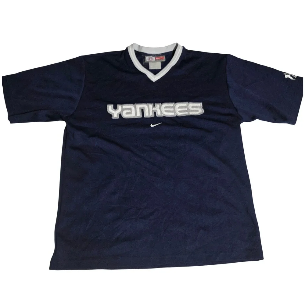 Vintage Nike Team MLB New York Yankees Center Swoosh V-Neck Jersey Shirt Mens L‎