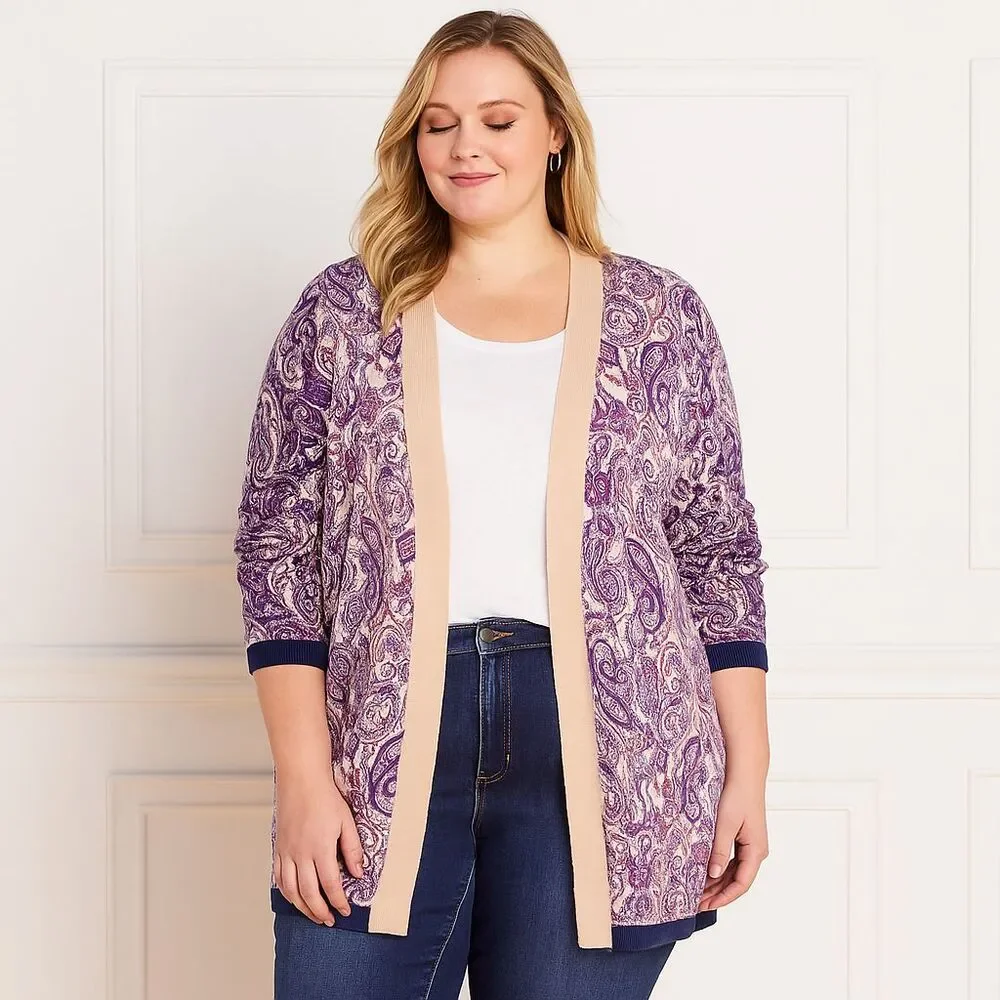 Lands End Long Line Cardigan Sweater‎ Women's Large 14-16 Paisley Open Front