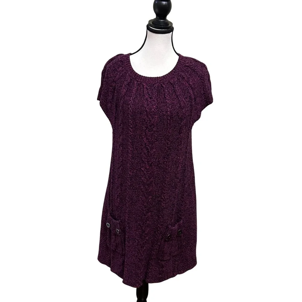 Style & Co. Womens XL Knit Sweater Dress Short Sleeve Purple Black‎ Pullover