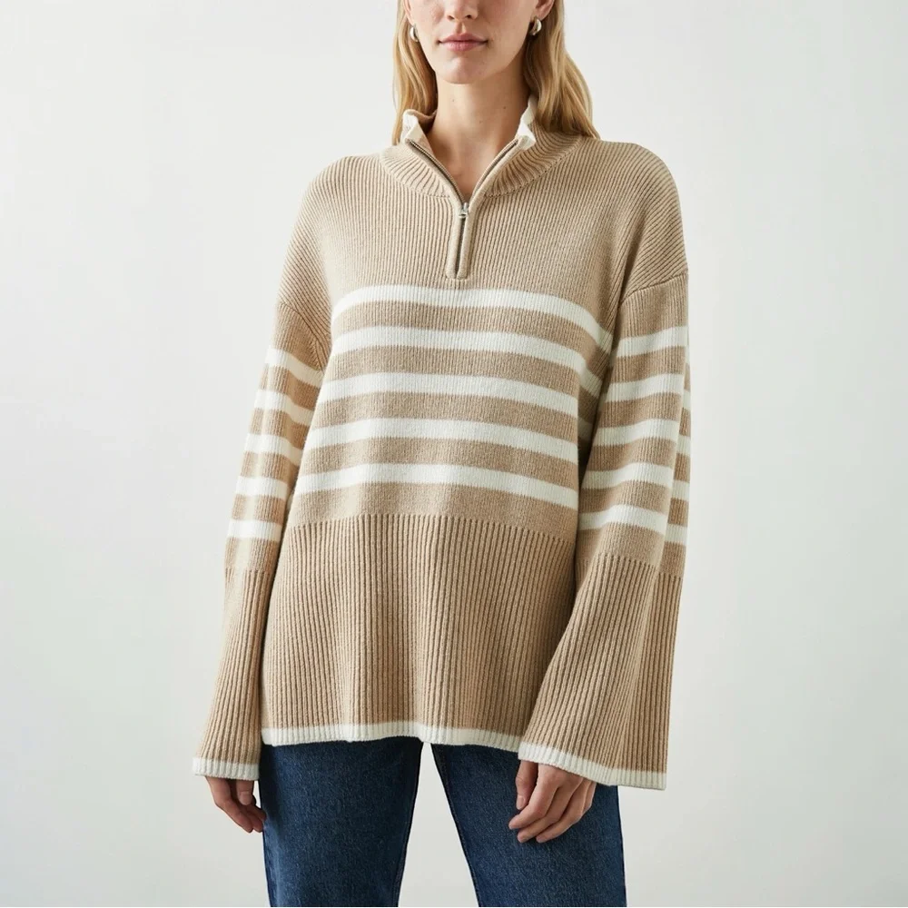 Rails Tessa‎ Sweater Merino Wool Sand Striped Quarter Zip Mock Neck Sweater L