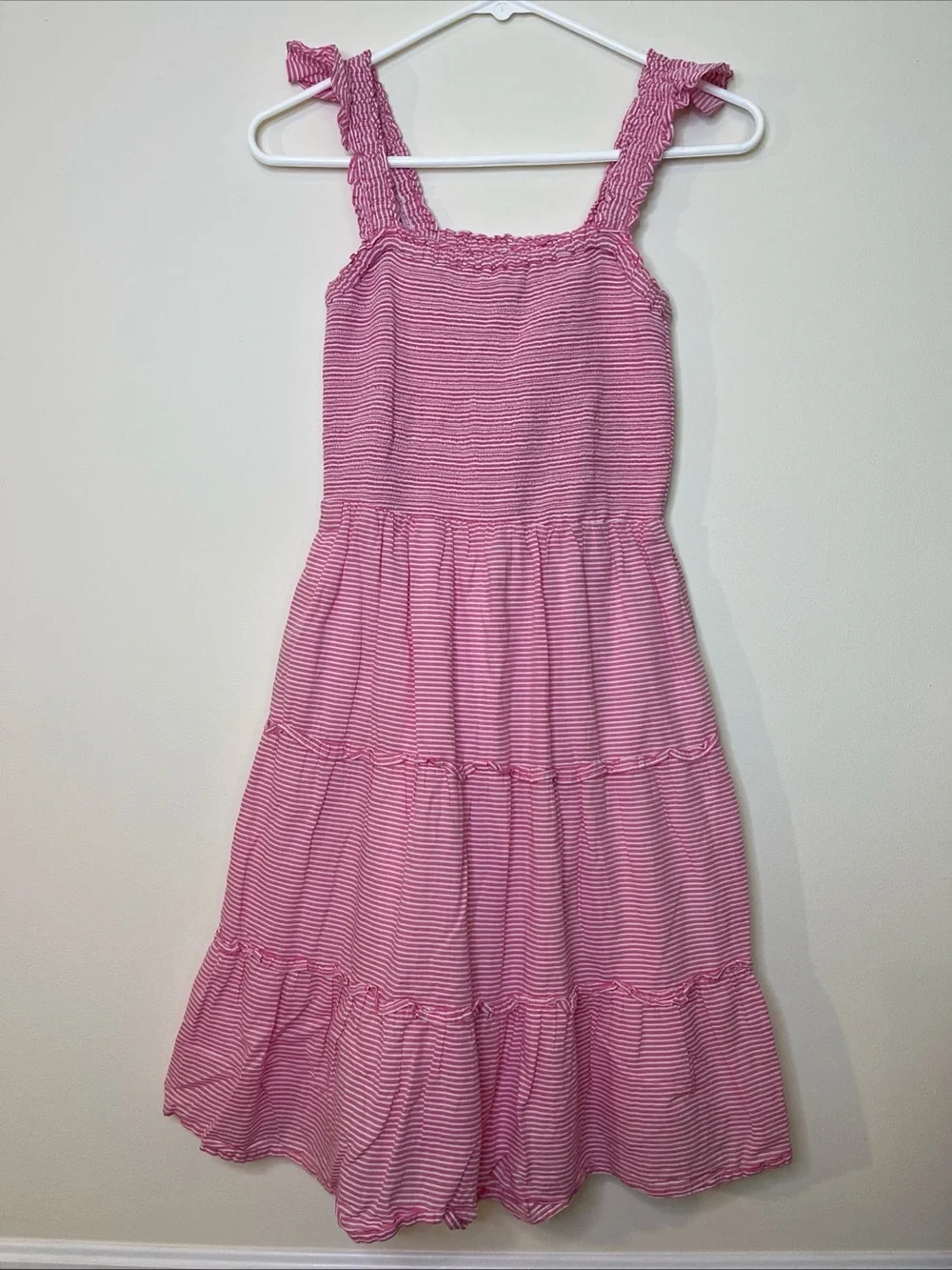 J.Crew Dress Womens XXS Pink Stripe Tiered Sundress Smocked Cottagecore