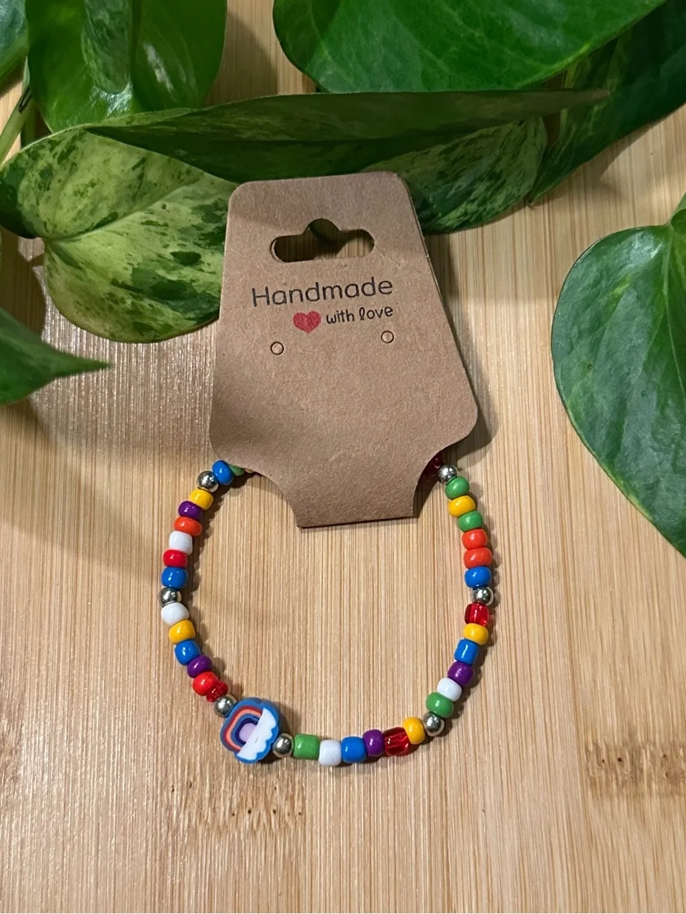 🌈✨ Rainbow Stretchy Beaded‎ Bracelet | Handmade | Clay Rainbow Charm 🌈